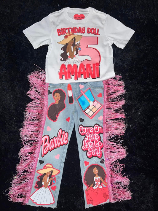 Doll Inspired Denim Set, Birthday Outfit, pink denim set, 2pc set