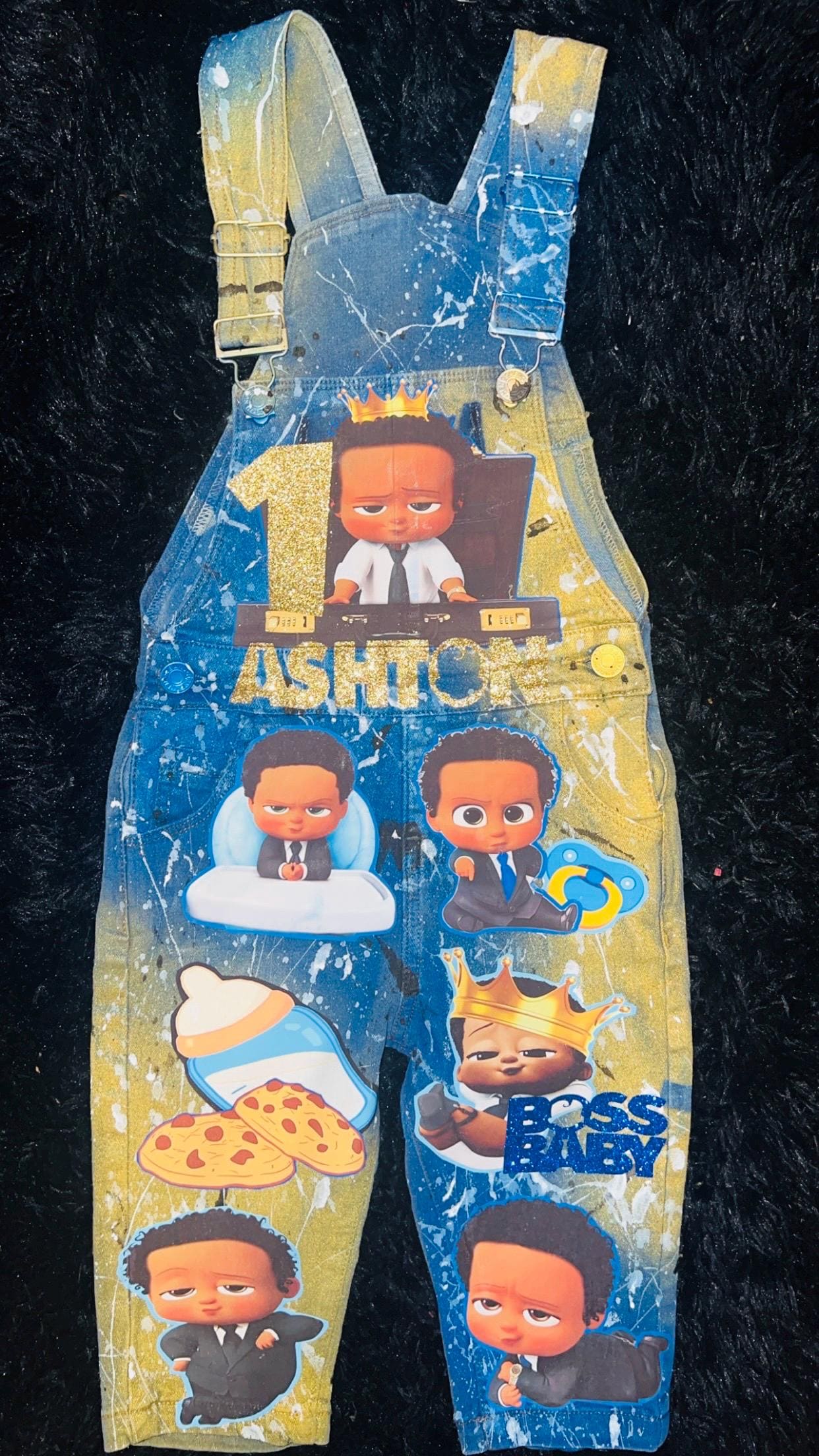 Boss baby Custom Birthday Overalls Denim, african american Boss baby birthday outfit